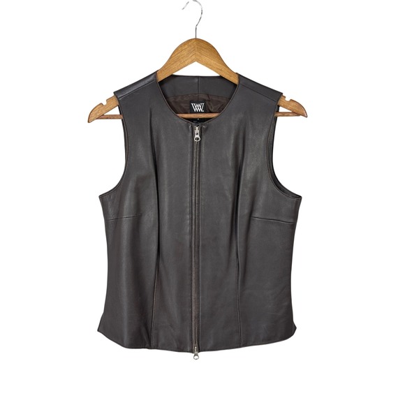 WORTH Women Genuine Leather Vest Moto Distressed Worn Luxury Soft Zip Sz 8 Brown - Picture 3 of 11